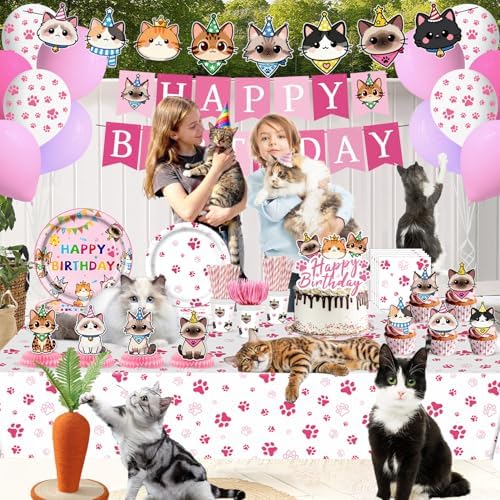 197pcs Cat Birthday Decorations Kit, Cute Cat Themed birthday party decorations with Tableware, Cake Decorations & Hanging Accessories, Serves 24 Guests - Image 6
