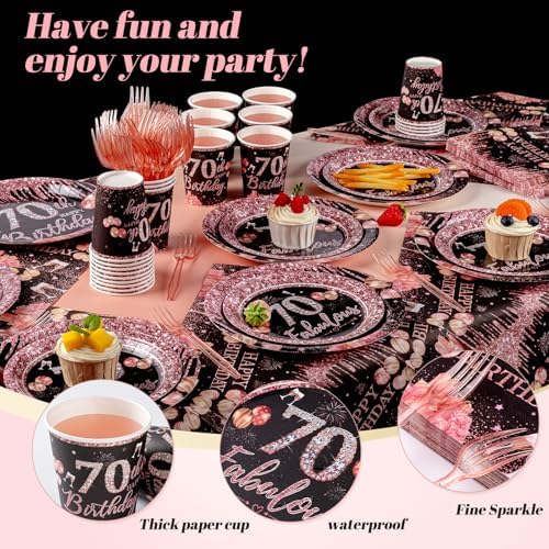 250PCS 70th Birthday Party Decorations for 50 Guests Black and Rose Gold Party Supplies for Women Include Disposable Paper Plates, Napkins, Cups, and Disposable Plastic Cutlery (70) - Image 5