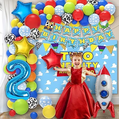 Two Infinity and Beyond Birthday Decorations - 105 Pcs Toy Inspired Story 2nd Birthday Party Supplies Include Banner, Balloons, Backdrop Film, Balloon Cake Topper, Tablecloth - Image 7
