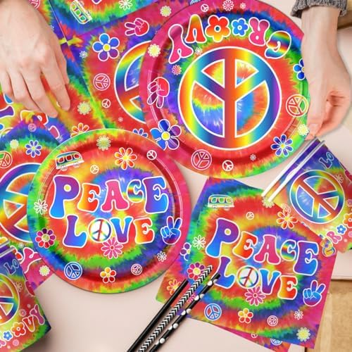 Tie Dye Birthday Party Supplies, 60's Hippie Theme Tableware Set Include Groovy Paper Plates Peace Love Napkins for Groovy 60s Party Supplies,Tie Dye Party Decorations - Image 4