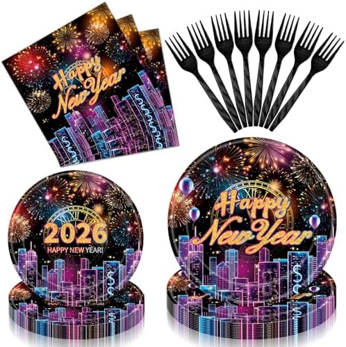 96 Pieces Happy New Year 2026 Tableware Set – Fireworks and City Night Skyline Disposable Plates, Napkins, and Forks for New Year’s Eve Parties, Countdown Celebrations – Serves 24 Guests by GistomeHome
