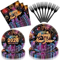 96 Pieces Happy New Year 2026 Tableware Set – Fireworks and City Night Skyline Disposable Plates, Napkins, and Forks for New Year’s Eve Parties, Countdown Celebrations – Serves 24 Guests by GistomeHome