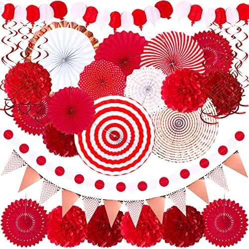 Moon Boat 35PCS Party Decorations Paper Fan Hanging Set - Birthday,Wedding,Baby Shower,Circus,Festival Decor (Red) by MoonBoat