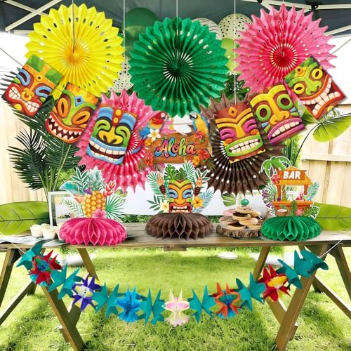 Hawaiian Luau Party Decorations Tropical Beach Aloha Palm Leaves Garland Luau Honeycomb Table Centerpiece Tissue Pom Poms Paper Fans Tiki Totem Hanging Decor Tropical Summer Beach Pool Party Supplies - Image 5