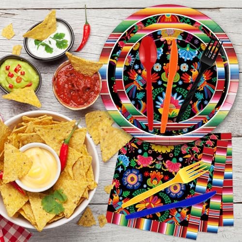 175 Pcs Fiesta Tableware Set – Serves 25, Mexican Party Supplies Disposable Plates, Cups, Napkins, Forks, Spoons, Knives with Floral and Serape Stripe Design for Cinco de Mayo, Birthday Celebrations - Image 4