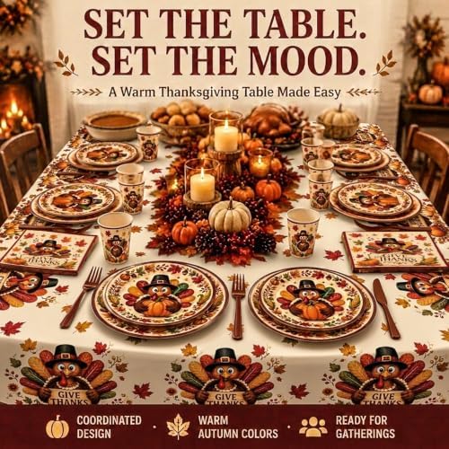 Thanksgiving Party Supplies for 24 Guests, Turkey Disposable Dinnerware Set with Dinner Plates, Dessert Plates, Cups, Napkins, Forks & Tablecloth, Give Thanks Fall Decorations for Thanksgiving Dinner - Image 5