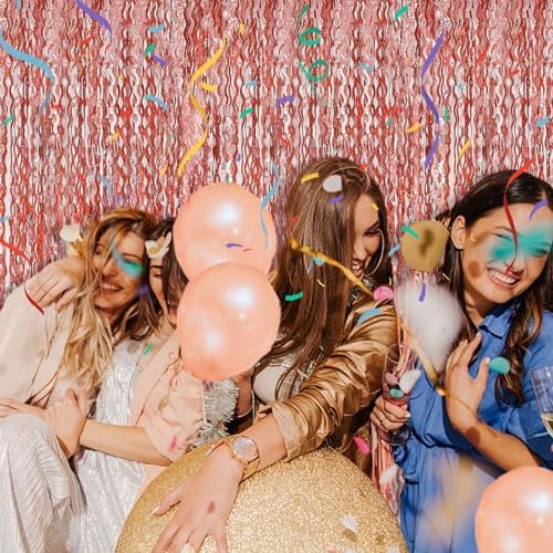 Rose Gold Tinsel Foil Fringe Curtains Wavy Backdrop for Parties Sparkle Metallic Wavy Foil Fringe Backdrop Curtain Photo Booth Props Birthday Graduation Wedding Bachelorette Party Decorations - Image 7