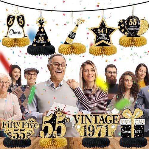 9Pcs 55th Birthday Decorations Honeycomb Centerpieces for Men Women, Black Gold Happy 55th Birthday Centerpieces Tables Toppers Party Decorations Supplies, Vintage 1971 Aged Table Sign Decor - Image 7