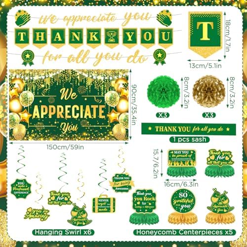 We Appreciate You Party Decorations Green Gold Thank You for All You Do Banner Honeycomb Centerpieces Hanging Swirls for Office Employee Pastor Teacher Doctor Labor Day Boss Appreciation Party Decor - Image 3