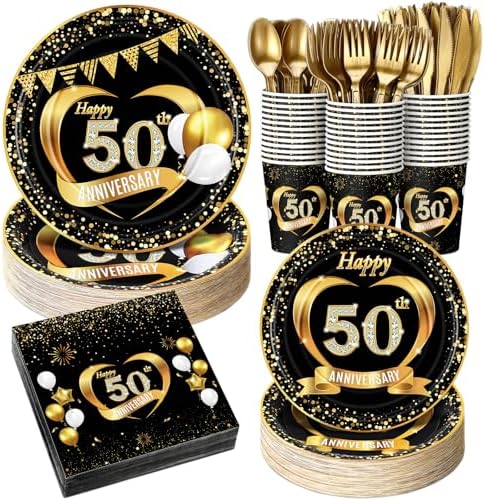 Pickmesh 400 Pcs 50th Birthday Party Supplies, Black Gold Tableware Set by Pickmesh