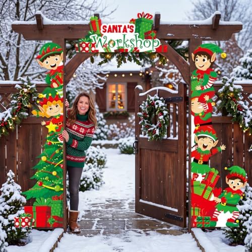 Peryiter 3 Pcs Christmas Door Decorations Santa's Workshop Elf Porch Banner - Image 6