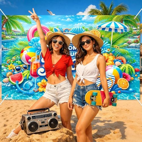 BlissYard Hello Summer Banner 71 x 43 Inches Welcome to Our Pool Summer Pool Party Decorations Swimming Pool Backdrop Beach for Pool Party Backyard Summer Beach Tiki Bar Outdoor Photo Booth - Image 2