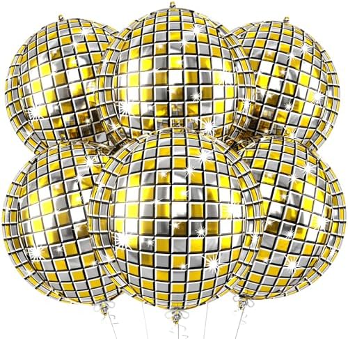 6pcs 22 Inch Gold Disco Ball Balloons, Gold Silver Big Disco Balloons, 4d Large Foil Aluminum Balloon For Birthday Baby Shower 70s 80s 90s Theme Party Wedding Engagement Graduation New Year Decoration by Paready