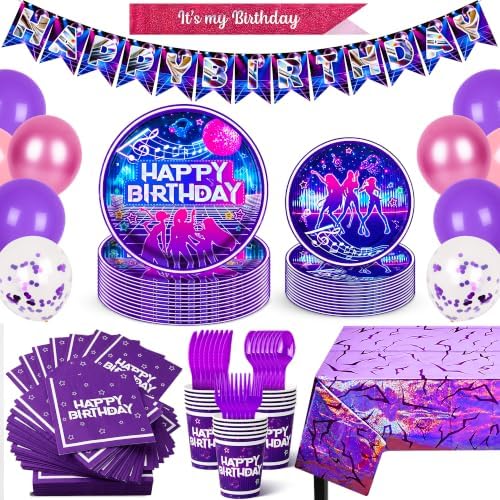 198 Pcs KPop Birthday Party Supplies for Girls – Music Theme Birthday Decorations for 24 Guests | Plates, Dessert Plates, Cups, Napkins, Knives, Forks, Spoons, Balloons, Banner & Tablecloth by DUMBI