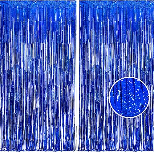 BRAVESHINE Blue Tinsel Foil Fringe Curtains ｜ 2 PCS Metallic Photo Backdrop by BRAVESHINE