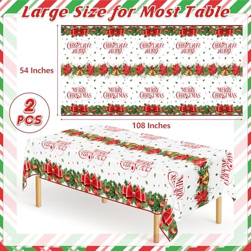 QZYL 2 Pack Christmas Tablecloths, 54" x 108" Xmas Plastic Table Cloth, Poinsettia Holly Bells Design Holiday Disposable Tablecover Rectangle Tablecloth, Christmas Decor Holiday Table Decorations - Image 2