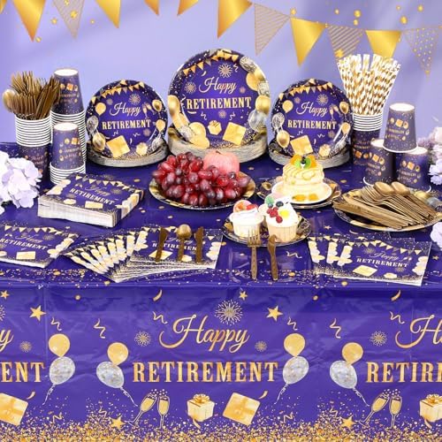 Funnymoom 452 Pcs Retirement Party Decorations Supplies Women Set Include Purple and Gold Retirement Paper Plates Napkins Cups Tablecloth Cutlery Straws for Men Women Say Goodbye Party - Image 4