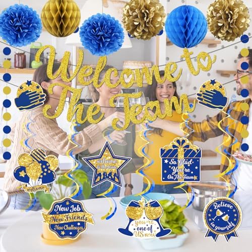 Welcome To The Team Banner Gold, Welcome Banner Circle Dots Garland Hanging Swirls Paper Flowers Honeycomb Balls, Welcome Decorations for Employee Office Teacher Colleague Staff - Image 5