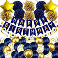 Navy Blue and Gold Happy Birthday Decorations with Banner, Paper Pompoms for Boys, Girls, Men, Women - Party Decorations Supplies by Recosis