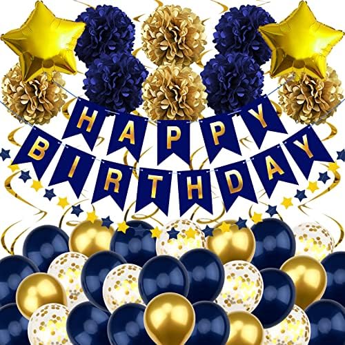 Navy Blue and Gold Happy Birthday Decorations with Banner, Paper Pompoms for Boys, Girls, Men, Women - Party Decorations Supplies by Recosis