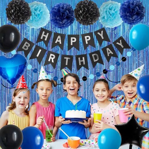 Blue and Black Happy Birthday Party Decorations kit for Boys Men Women with Happy Birthday Banner, Fringe Curtain,Foil Balloons,Cake Topper for birthday decor (blue black) - Image 6