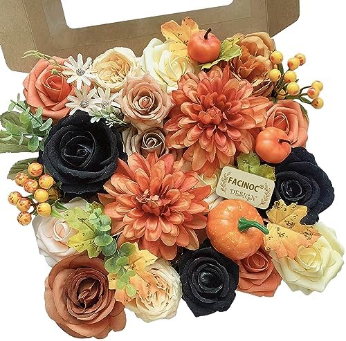 FACINOC Roses Artificial Flowers Fall Orange Black Bouquet Combo for Autumn by FACINOC