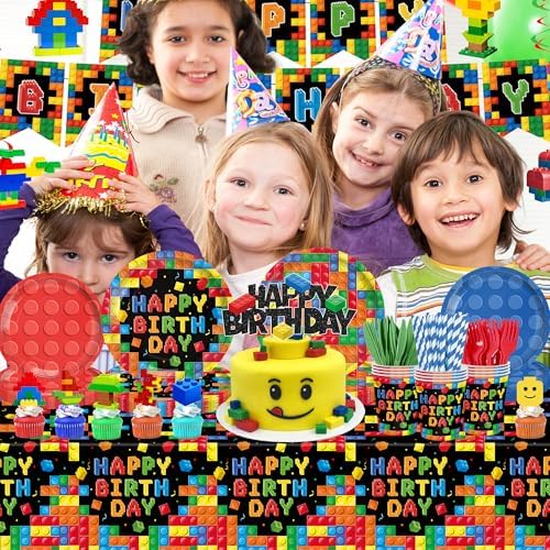 206PCS Building Block Birthday Party Supplies, Plates, Napkins, Cups, Cutlery, Cake & Cupcake Toppers, Banner, Hanging Swirls, Tablecloth, Balloons for Boys Birthday Party Decorations Serve 24 Guests - Image 7