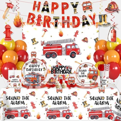 356Pcs cocomigo Firetruck Birthday Decorations Tableware Set, 50 Serves by cocomigoPartyHome