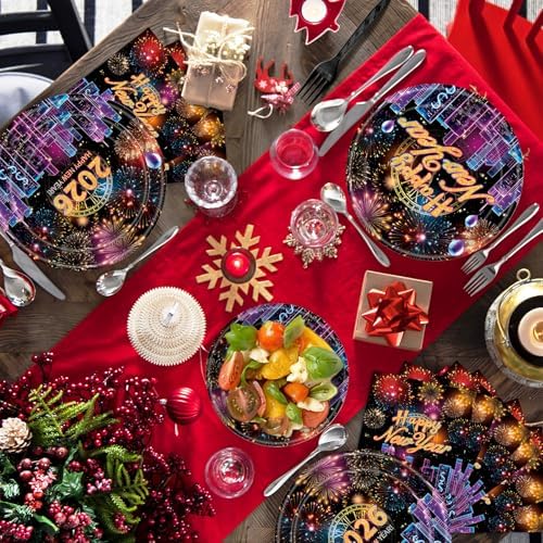 96 Pieces Happy New Year 2026 Tableware Set – Fireworks and City Night Skyline Disposable Plates, Napkins, and Forks for New Year’s Eve Parties, Countdown Celebrations – Serves 24 Guests - Image 5