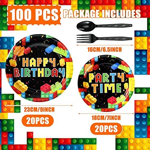 100 Pcs Building Block Party Supplies Building Block Party Plates Napkins Tableware Building Block Party Decoration Favor for Building Block Party Birthday Party (Building Block Party Style) - Image 3