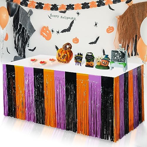 6 Pack 30x108 Inch Halloween Table Skirt Decoration, Metallic Foil Fringe Tinsel Table Skirts, Curtains Backdrop Parade Floats Birthday Halloween Christmas Party Decoration(Black Orange Purple) - Image 2