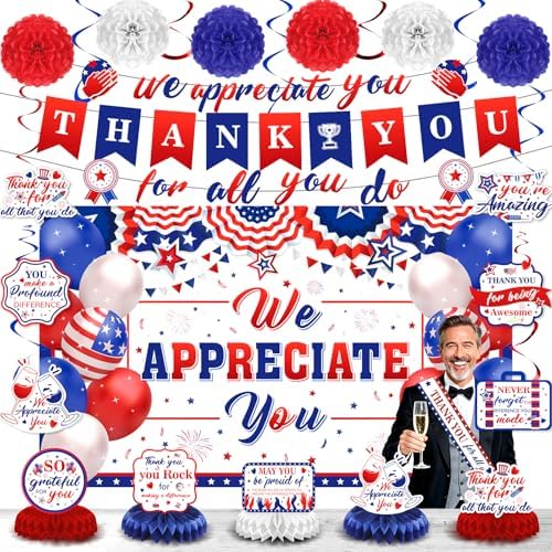 We Appreciate You Party Decorations Red Blue Thank You for All You Do Banner Honeycomb Centerpieces Hanging Swirls for Men Labor Day Office Employee Pastor Teacher Doctor Appreciation Party Supplies by Wayyogh