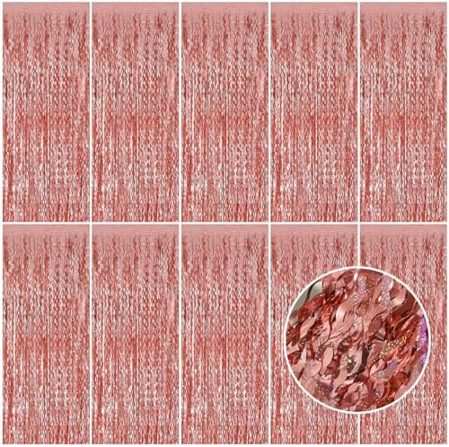 Rose Gold Tinsel Foil Fringe Curtains Wavy Backdrop for Parties Sparkle Metallic Wavy Foil Fringe Backdrop Curtain Photo Booth Props Birthday Graduation Wedding Bachelorette Party Decorations by BOMSI