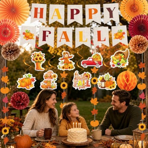 Fall Party Decorations, 22PCS Happy Fall Decoration with Banners Hanging Swirls Garland Banner Paper Fans Poms Honeycomb Ball, Maple Leaf Pumpkin Decor for Autumn Home Classroom Office Decor - Image 5