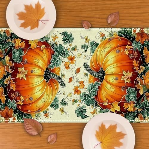 13x72 Inch Fall Table Runner - Orange Polka Dot Pumpkin Eucalyptus Wood Design, Festive Autumn Home Party Kitchen Decor - Image 5