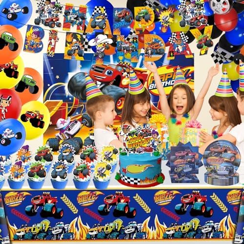 121 Pcs Monster Truck Birthday Party Supplies,Included Banner,Backdrop,Tablecloth,Plates,Balloon,Racing Car Tableware Set for Boy Truck Party Decorations - Image 6