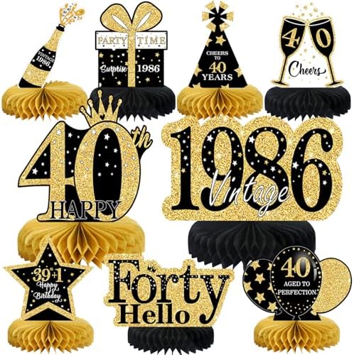 9 Pcs 40th Birthday Decorations Honeycomb Centerpieces for Women Men, Black Gold 1986 Aged to Perfection Vintage Centerpieces for Tables Toppers,Forty Years Party Decorations Supplies by MOORAY