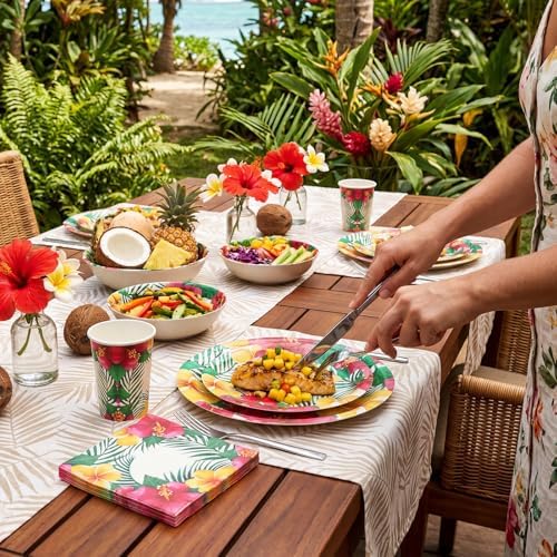 80 PCS Floral Paper Plates, Hawaiian Floral Paper Plates and Napkins Party Supplies for Hawaiian Party Birthday Summer, Serve for 20 Guests - Image 7
