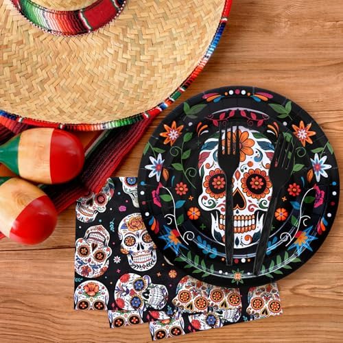 96 Pieces Day of the Dead Tableware Set - Mexican Sugar Skull Pattern Disposable Plates, Napkins, and Forks for Dia de los Muertos, Halloween, Fiesta, and Cultural Celebrations – Serves 24 - Image 4