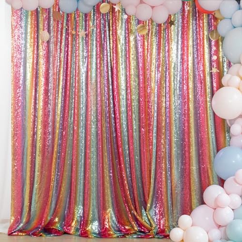 ShinyBeauty 7FTx7FT Glitter Rainbow Backdrop - Sequin Photo Studio Background for TikTok Videos Birthday Parties - Sparkling Shimmer Curtain by ShinyBeauty