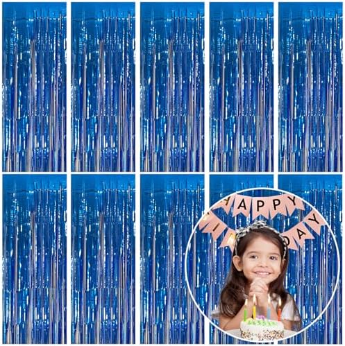 10 Pack Foil Curtain Backdrop Blue Metallic Tinsel Foil Fringe Curtains Photo Booth Props for Birthday Wedding Engagement Baby Shower Bachelorette Christmas Holiday Celebration Party Decorations by KEJ