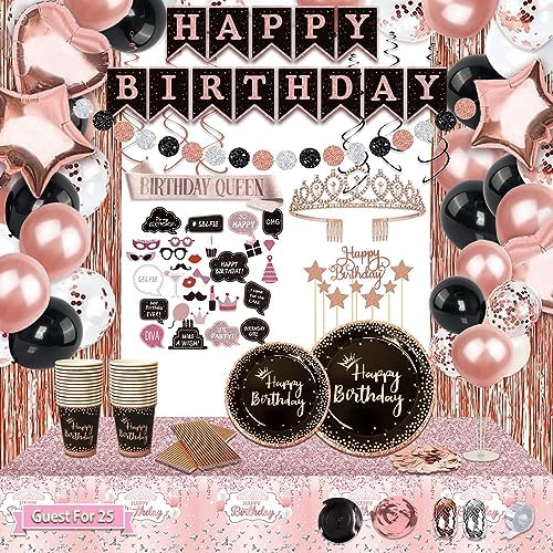 UJoyant Birthday Decorations For Women, 229 Pcs Rose Gold and Black Happy Birthday Supplies - Disposable Dinnerware Set with 25 Guest, Balloons, Sash, Tiara, Banner, Fringe Curtain, Photo Booth Props by UJoyant