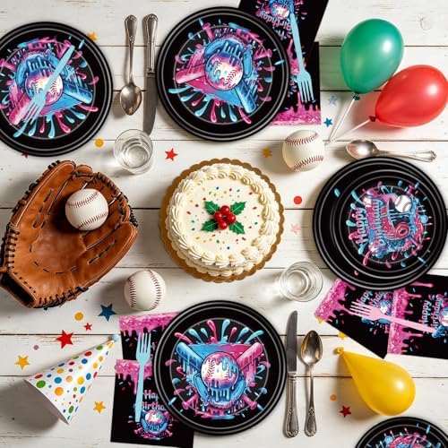 Baseball Drip Birthday Party Decorations - 96 Pcs Baseball Ice Cream Drip Plates Napkins Forks Tableware Set, Black and Pink Ice Cream Drip Dinnerware for Boys Girls Serve 24 - Image 5