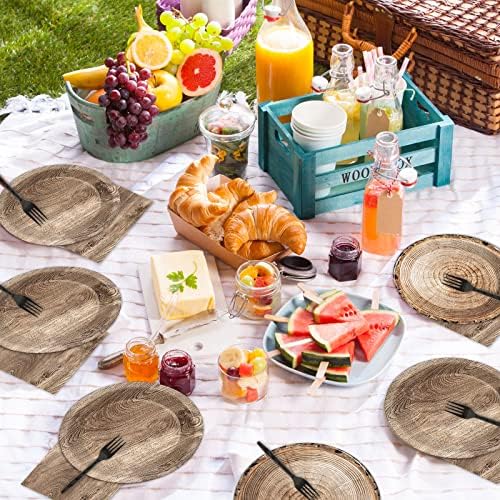 Wiooffen 96 Pcs Camping Wooden Tree Party Supplies Tableware Set Lumberjack Party Decorations Camp Hunting Themed Table Supplies Rustic Paper Plates Napkins Forks for 24 Guests - Image 5
