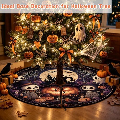 48 Inch Halloween Tree Skirt Pumpkin Ghost Skull Spooky Carpet Mat Decor - Image 6