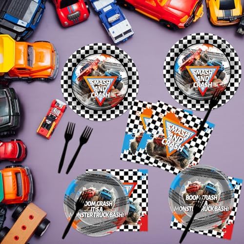 96Pcs Monster Truck Party Plates and Napkins for Monster Truck Birthday Party Supplies Paper Dessert Plates Tableware Set for Kids Boys 24 Guests Birthday Decorations - Image 4