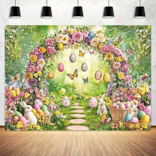 Spring Happy Easter Backdrop, Enchanted Forest Colorful Eggs Rabbit Bunny Floral Butterfly Photography Background, Fairy Tale Wonderland Garden Party Decorations Banner Photo Studio Props 12X10FT - Image 3