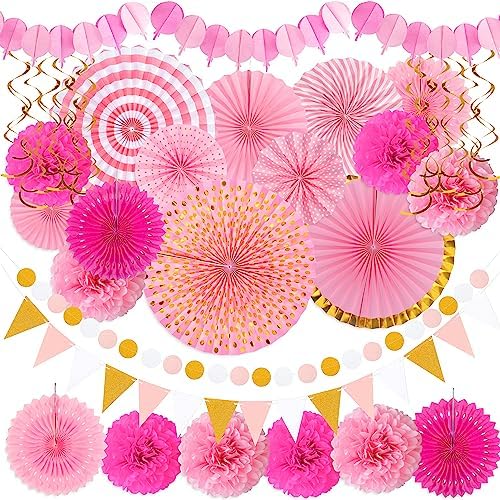Moon Boat 35PCS Party Decorations Paper Fan Hanging Set - Birthday,Bridal/Baby Shower,Bachelorette,Wedding Decor (Pink) by MoonBoat