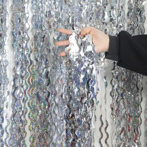 4 Pack 3.3 ft x 6.6 ft Silver Metallic Tinsel Foil Fringe Curtains - Door Streamers for Photo Booth Christmas Day Thanksgiving Wedding New Year Party Decorations by KEEUH