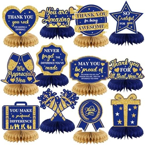12 Pcs We Appreciate You Decoration Thank You Honeycomb Centerpiece Employee Appreciation Table Decorations Thank Table Topper for Doctor Employee Party Supplies(Gold and Blue) by Moinchore